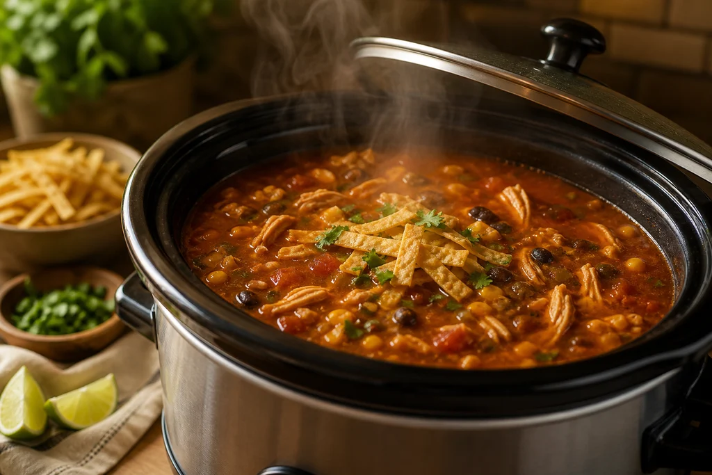 Slow cooker chicken tortilla soup simmering until tender