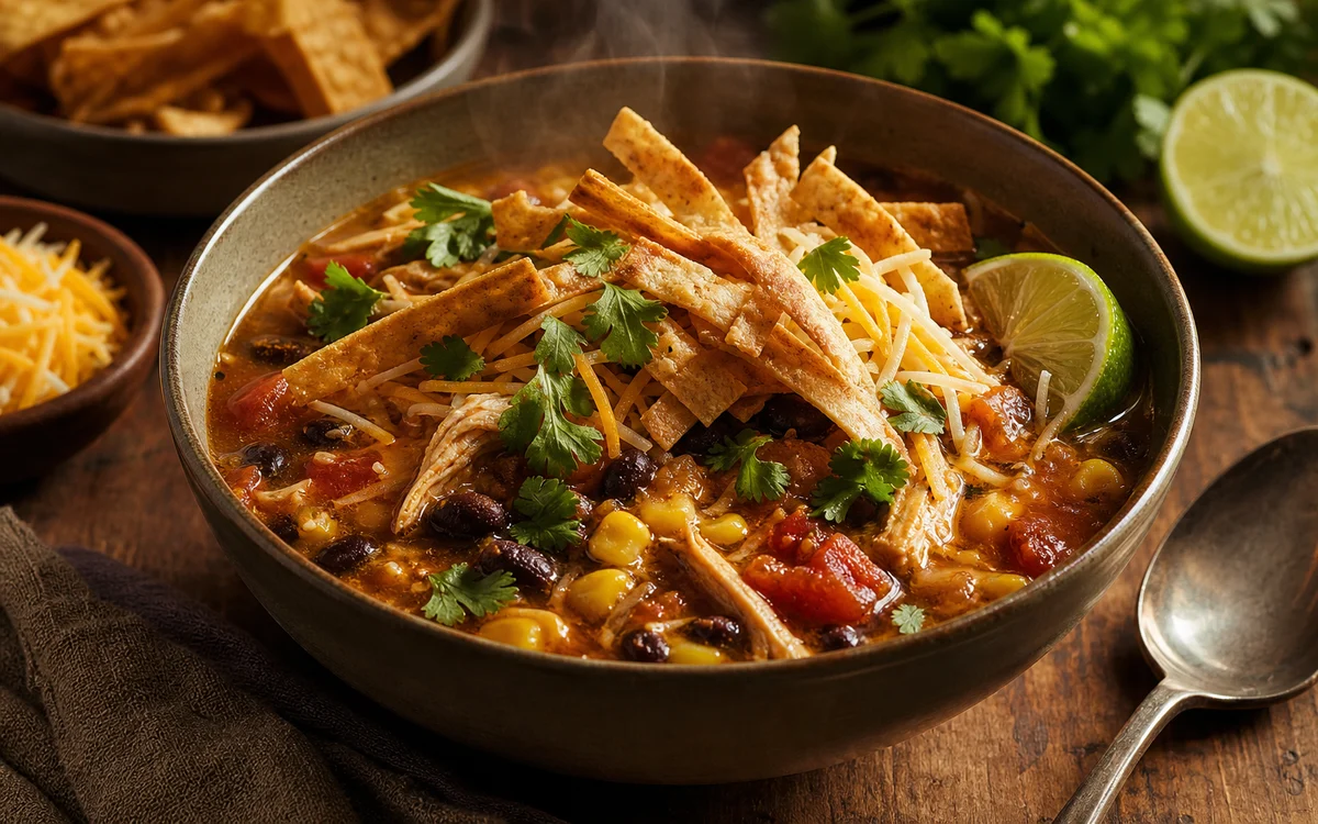 Slow cooker chicken tortilla soup bowl with crispy tortilla strips cheese cilantro and lime