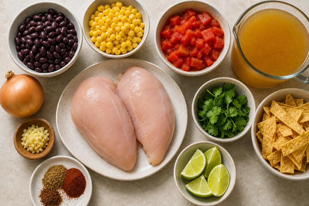 Ingredients for slow cooker chicken tortilla soup with chicken beans corn tomatoes and spices