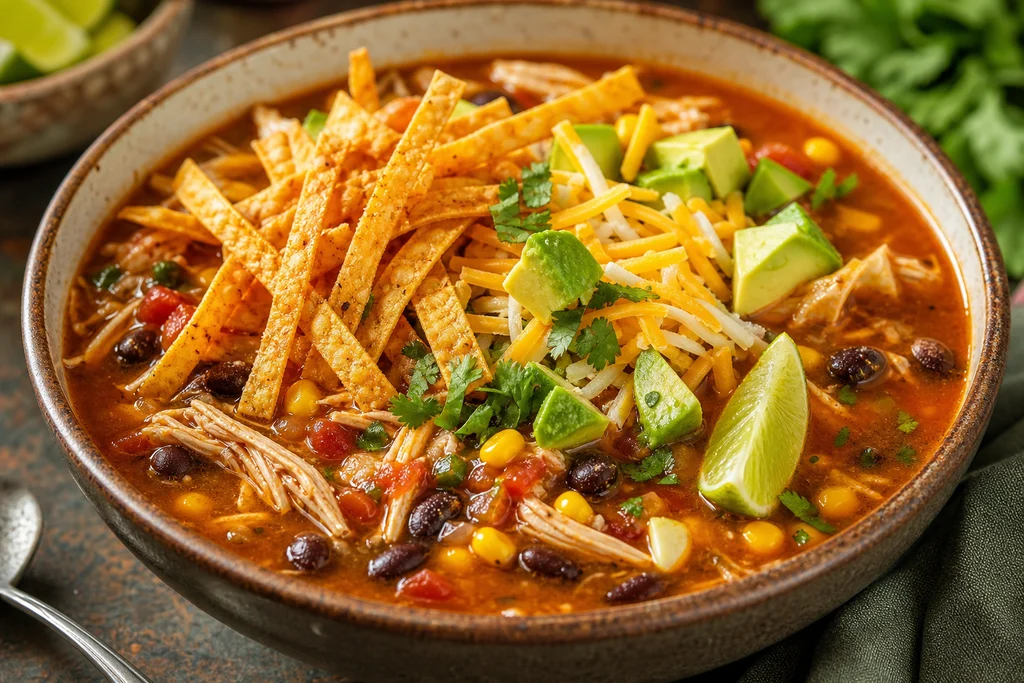 Finished slow cooker chicken tortilla soup bowl with tortilla strips cheese and cilantro
