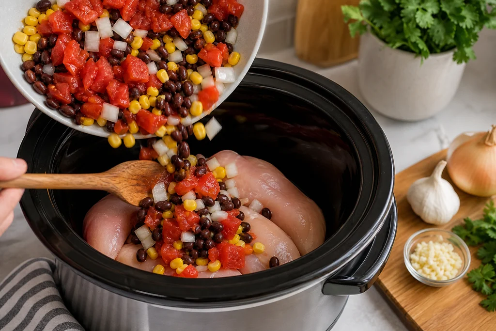 Layering chicken beans corn and tomatoes in the slow cooker for tortilla soup