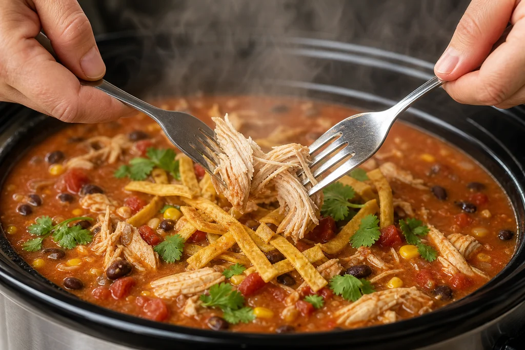 Shredding tender cooked chicken for slow cooker tortilla soup