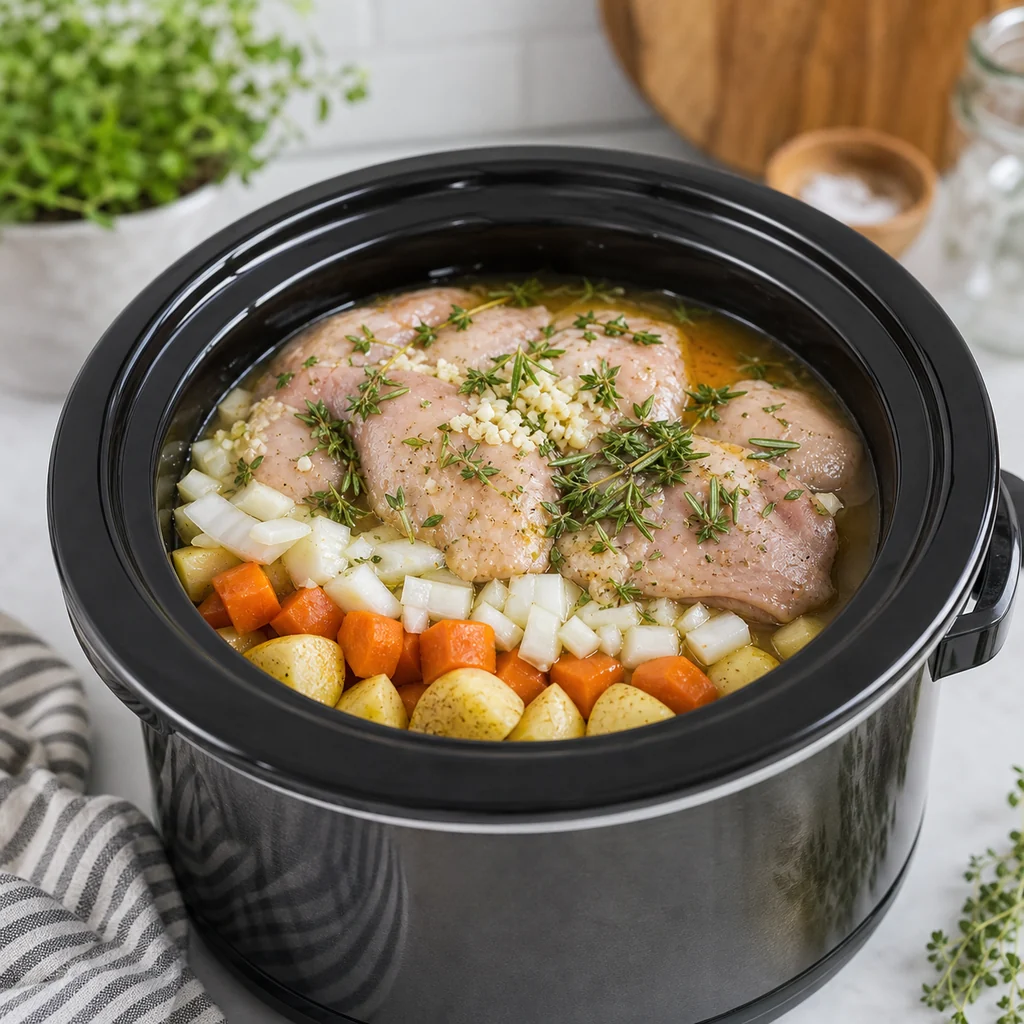 Chicken, potatoes, carrots, onions, herbs, garlic, and broth layered in a slow cooker before cooking