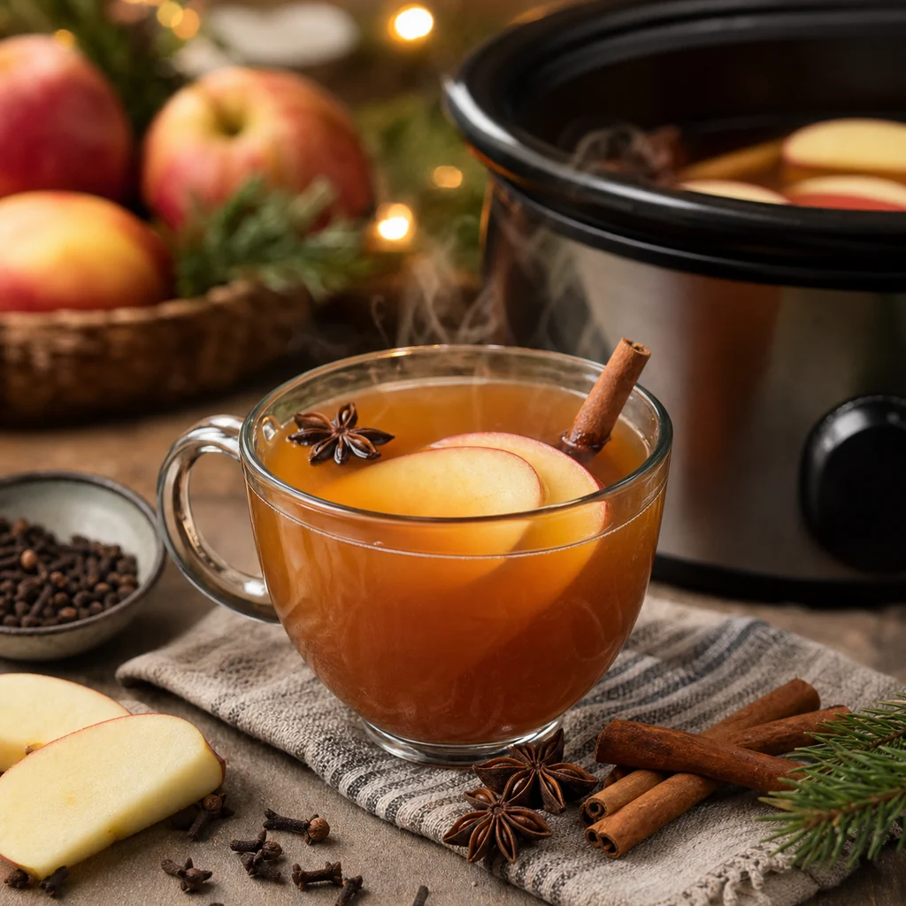 Warm mulled apple cider with cinnamon, apple slices, cloves, and a slow cooker in the background