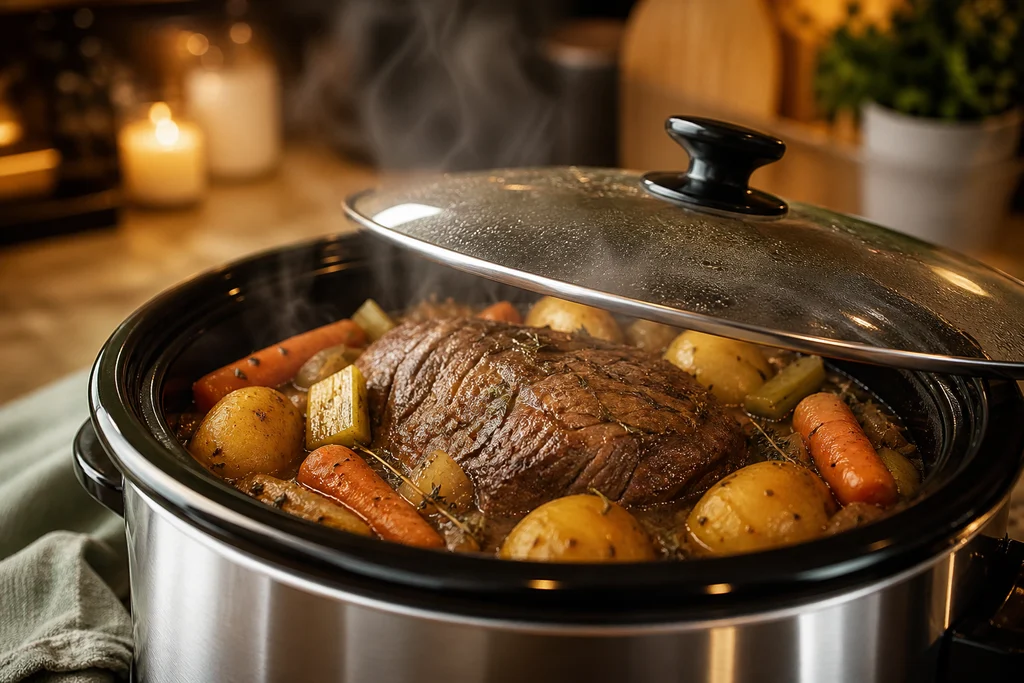 Pot roast slow cooking with lid on and steam rising