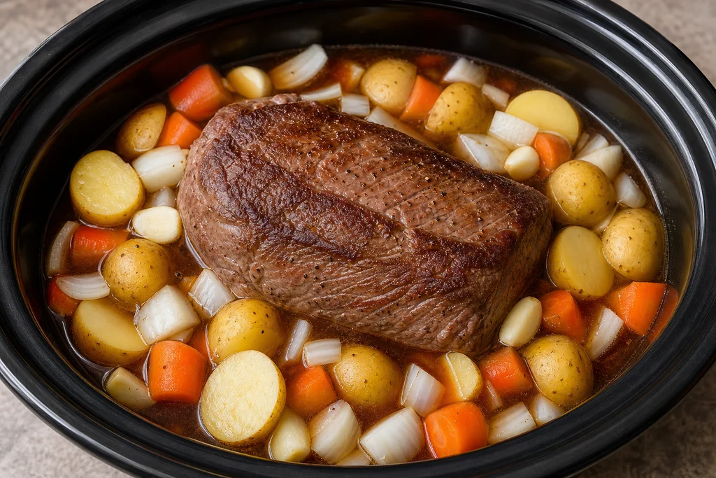 Seared roast with vegetables and broth in a slow cooker before cooking