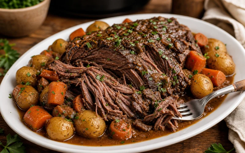 Melt-in-your-mouth slow cooker pot roast with vegetables and rich gravy