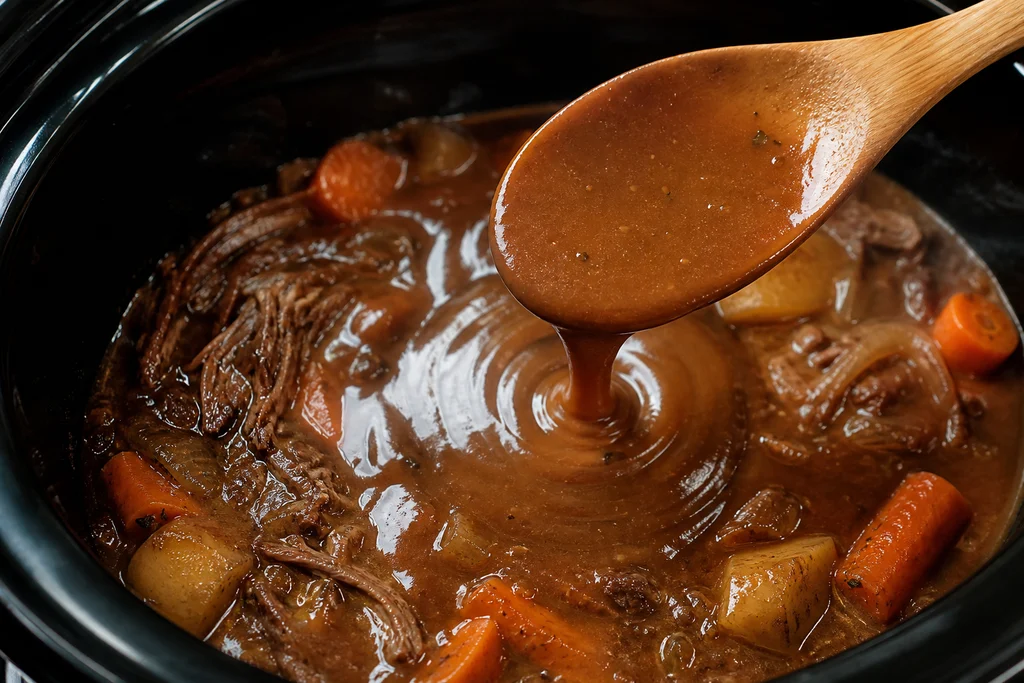 Thick brown gravy stirred into slow cooker pot roast juices