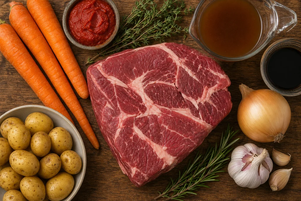 Beef chuck roast, carrots, potatoes, onion, garlic, and seasonings for slow cooker pot roast