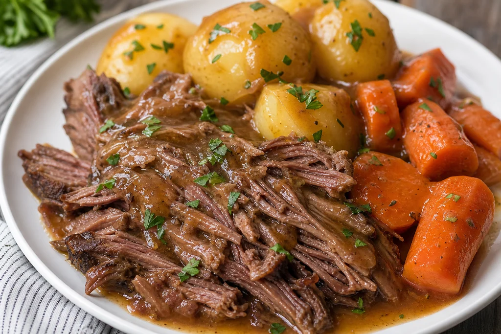 Tender slow cooker pot roast served with carrots, potatoes, and gravy