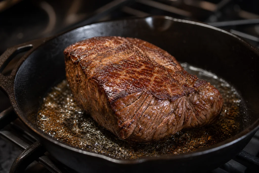 Beef chuck roast searing in a cast iron skillet until browned