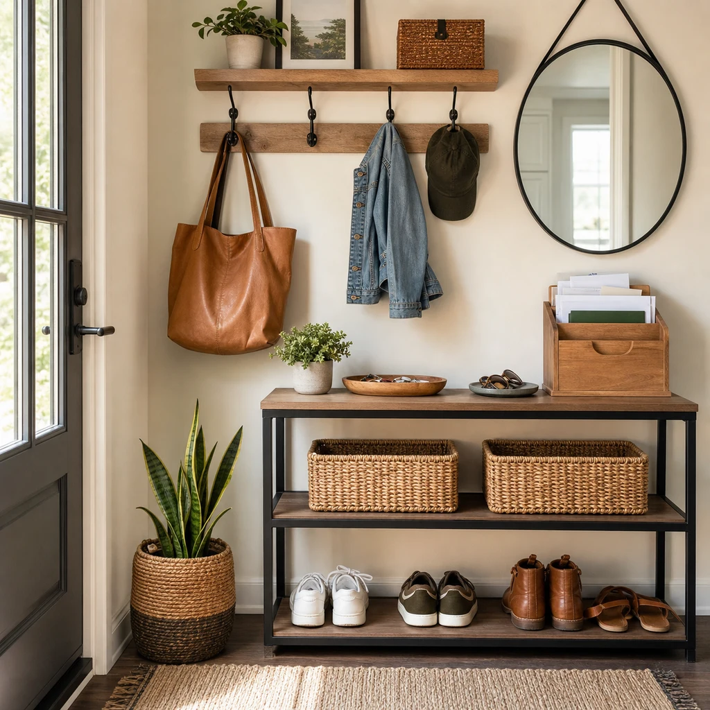 Compact entryway with mirror, hooks, shoe shelf, baskets, and a clear landing surface