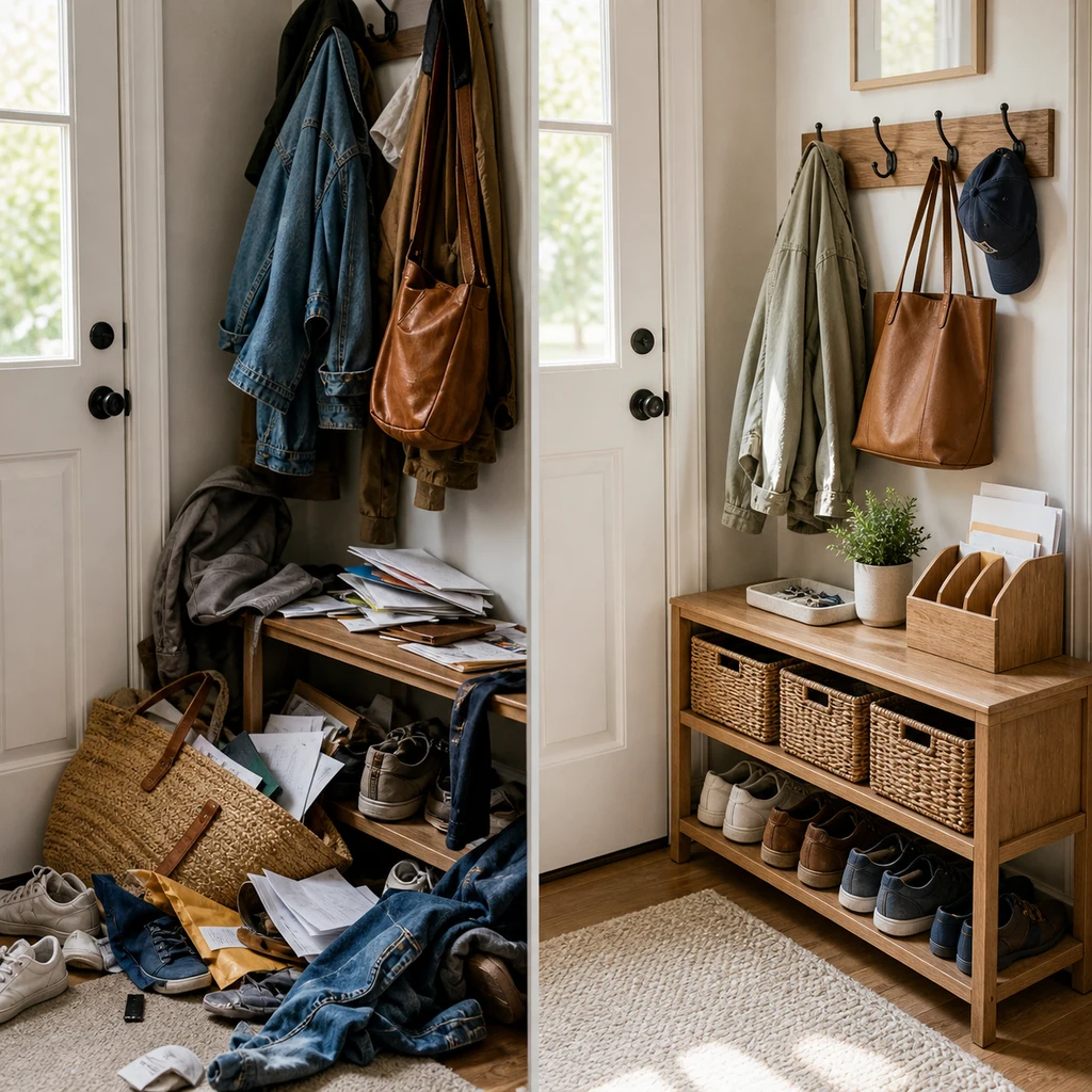 Messy small entryway before organizing with shoes, jackets, bags, and clutter near the door