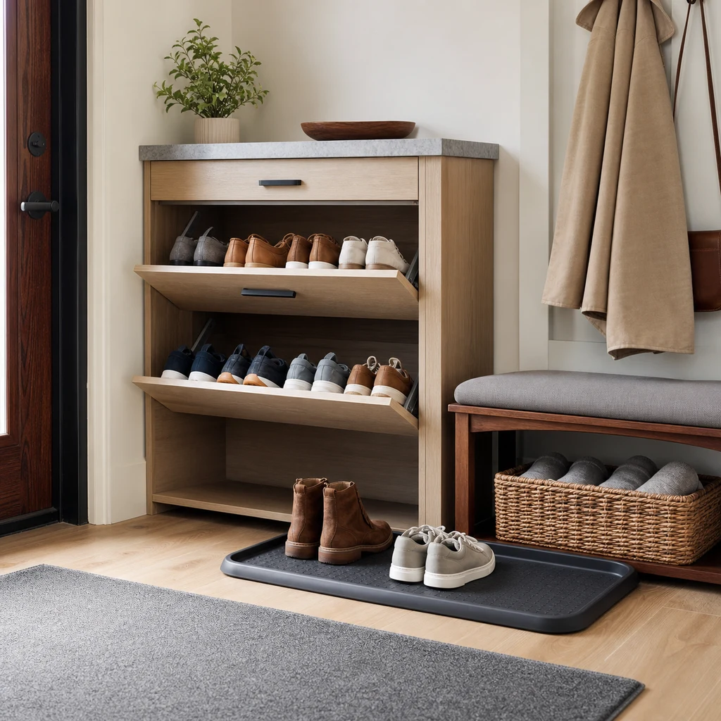 Small entryway shoe cabinet with boot tray, daily shoes, baskets, and a bench cushion