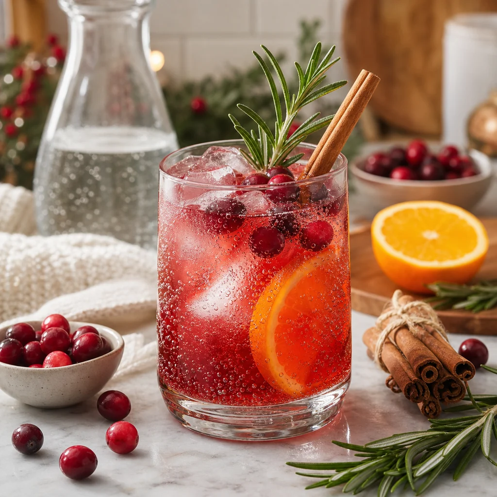 Spiced cranberry spritz with orange, rosemary, cinnamon, ice, and fresh cranberries