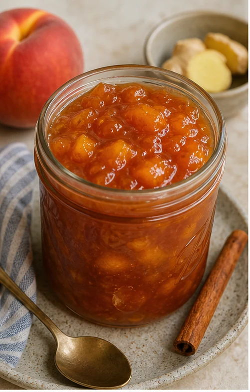 Small jar of spiced peach jam with peach, cinnamon stick, ginger, and spoon