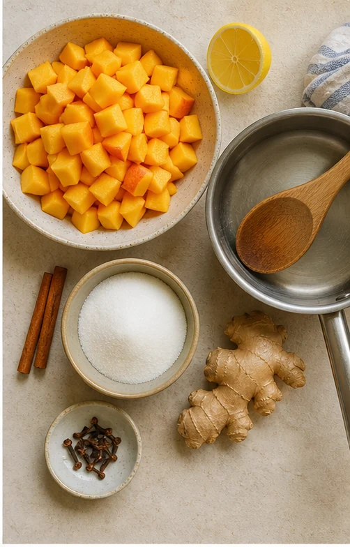 Diced peaches, lemon, sugar, cinnamon, ginger, cloves, saucepan, and wooden spoon