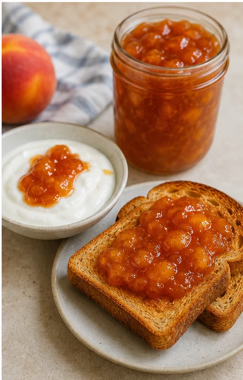 Spiced peach jam served on toast and yogurt beside a glass jar
