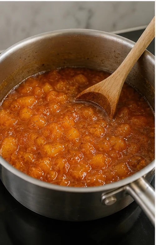 Peach jam simmering in a saucepan with a wooden spoon and spice flecks