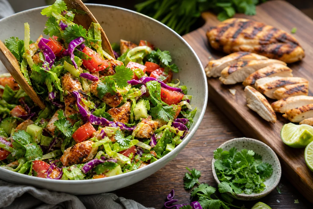 Tossing greens and vegetables for sriracha lime grilled chicken salad