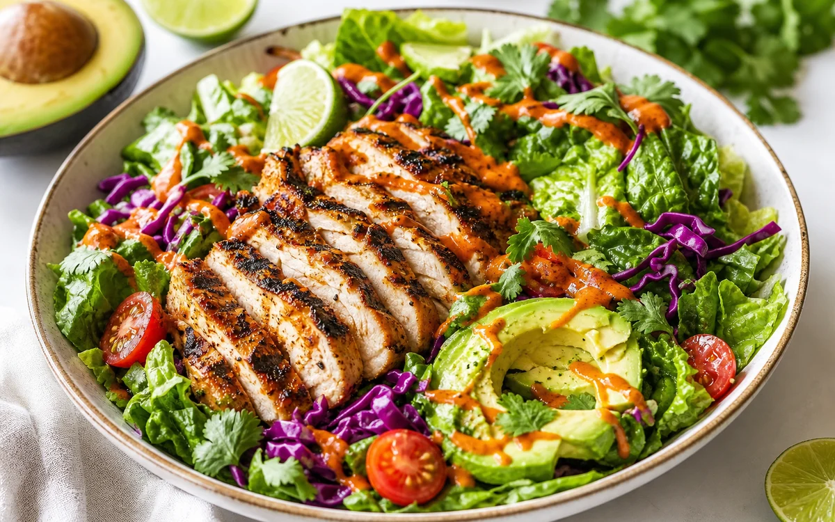 Sriracha lime grilled chicken salad bowl with charred chicken avocado and fresh greens