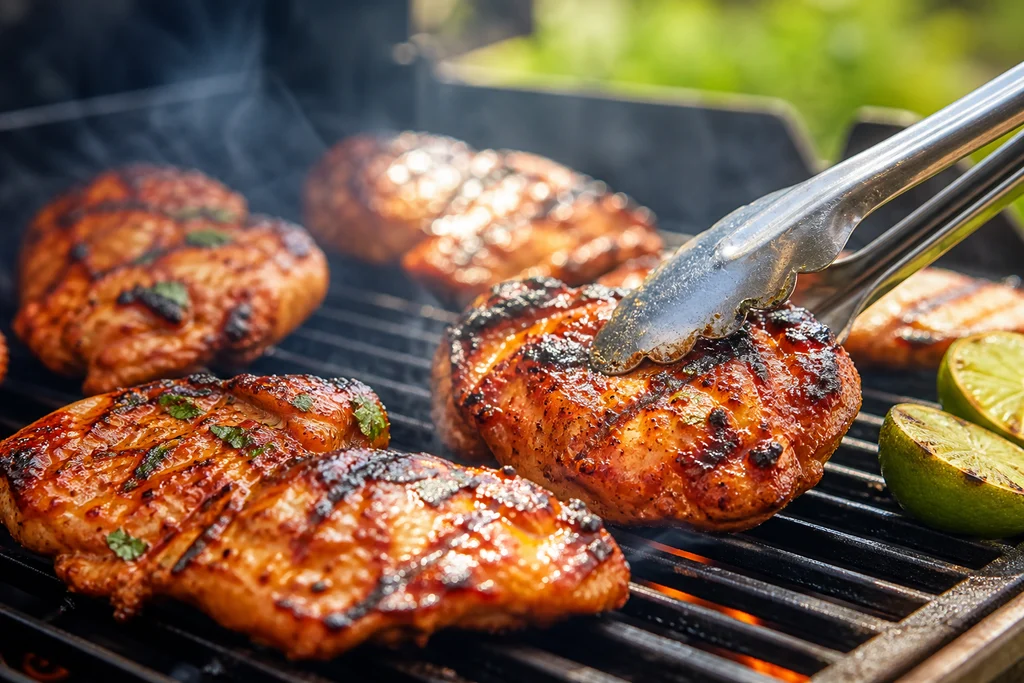 Sriracha lime chicken grilling with char marks on outdoor grill