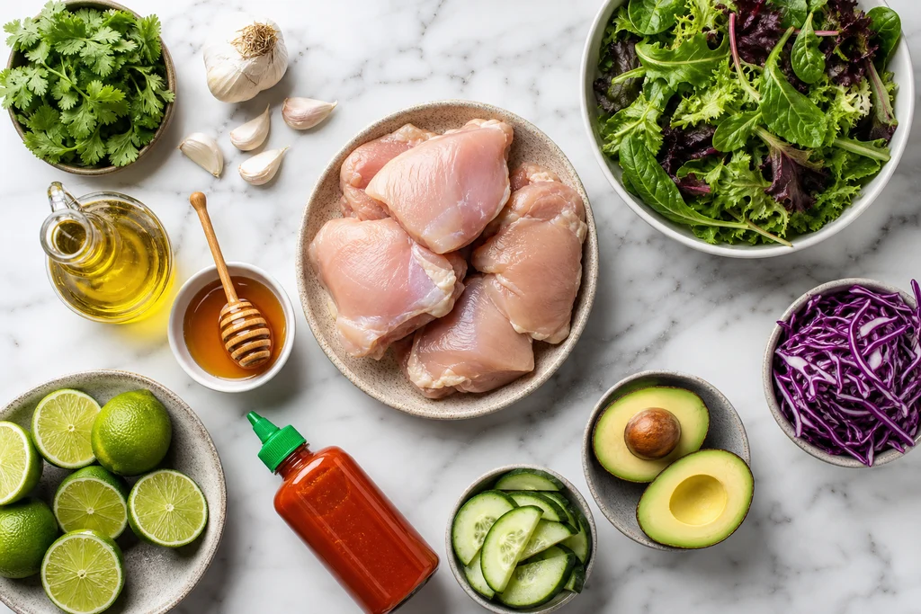 Ingredients for sriracha lime grilled chicken salad with chicken limes sriracha and fresh vegetables