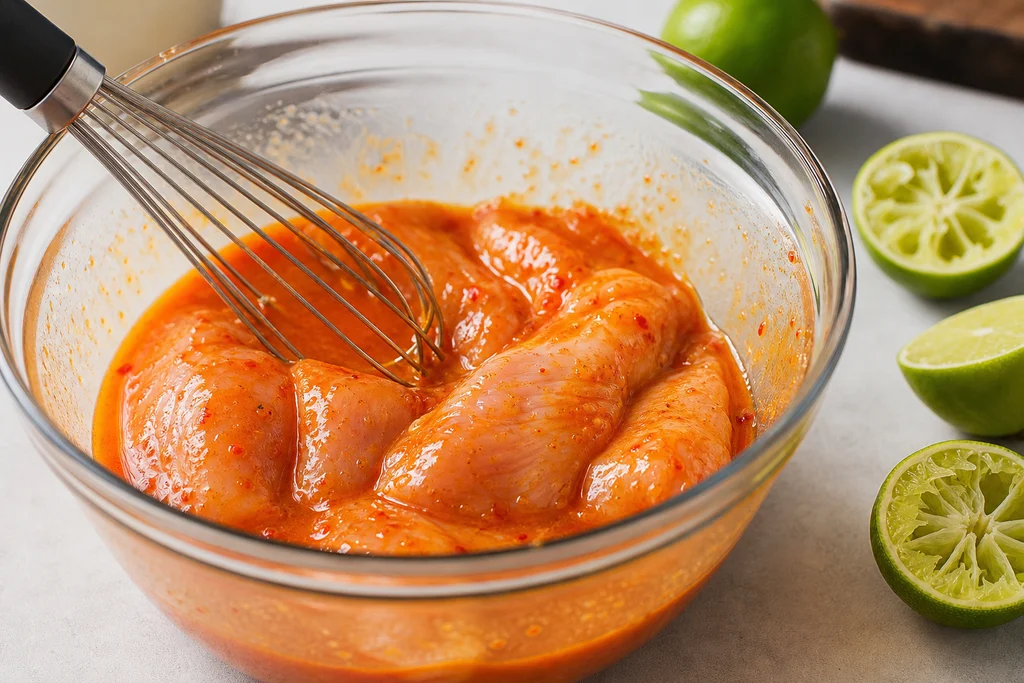 Sriracha lime marinade coating chicken for grilled chicken salad