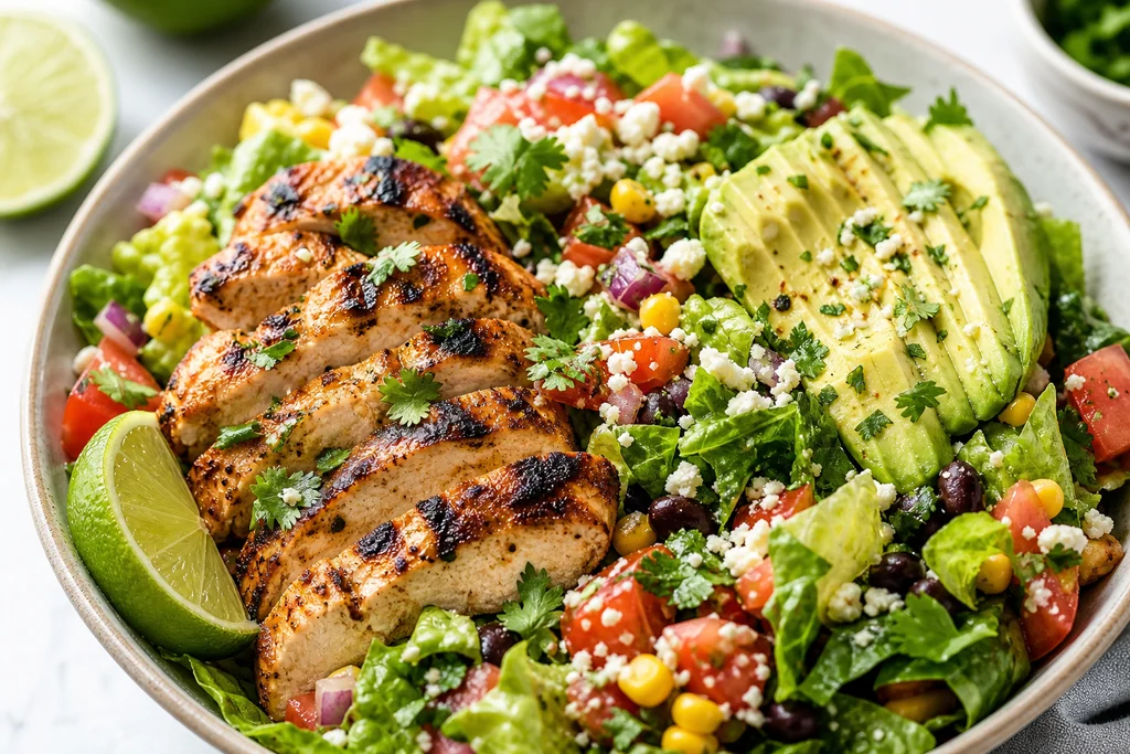 Finished sriracha lime grilled chicken salad bowl with avocado and grilled chicken