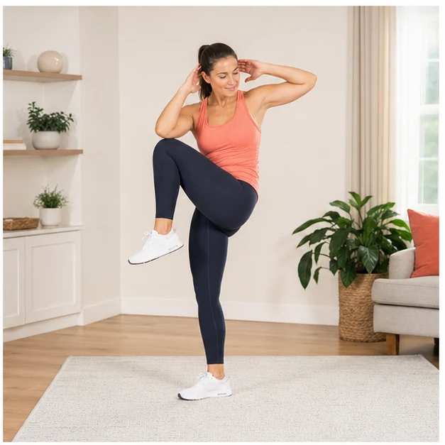 Adult performing a controlled standing cross-body knee crunch