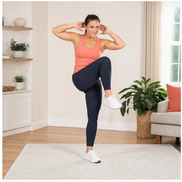 Adult performing a standing side crunch with one knee raised