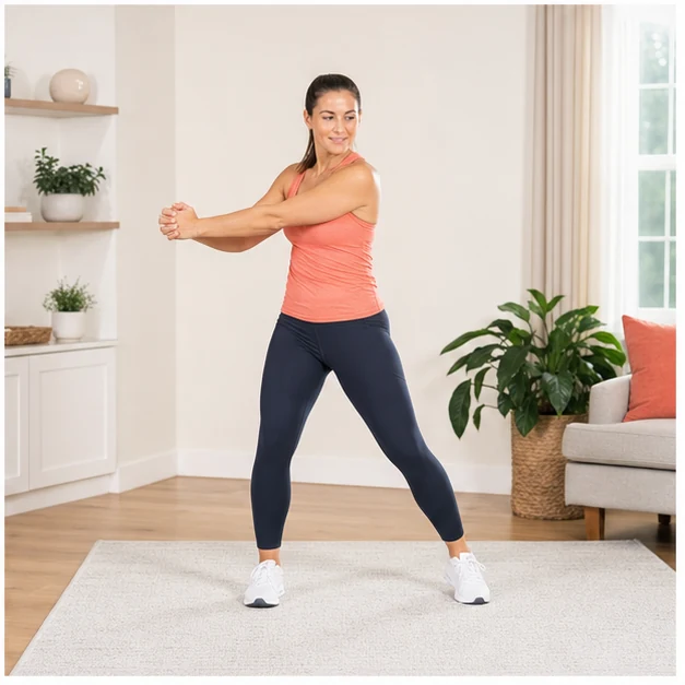 Adult performing a no-equipment standing wood-chop motion