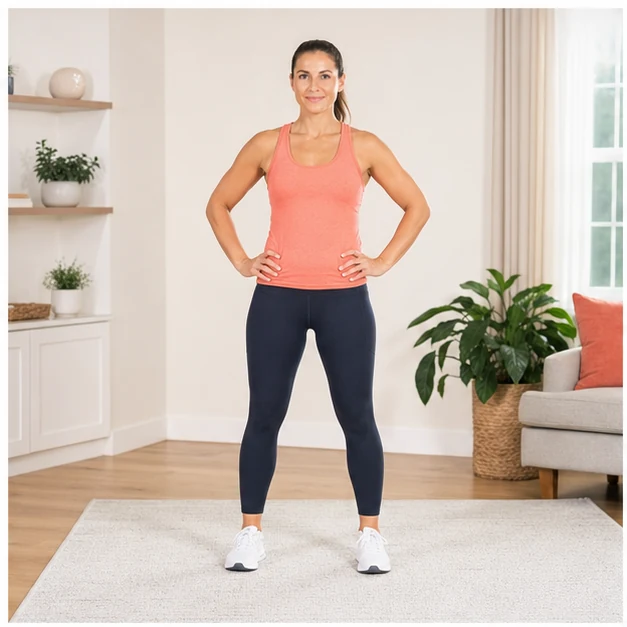 Adult ready for a no-equipment standing abs workout in a bright room