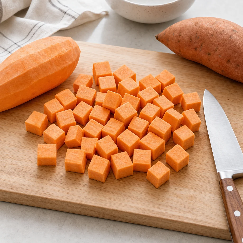 Sweet potatoes cut into even cubes on a wooden board