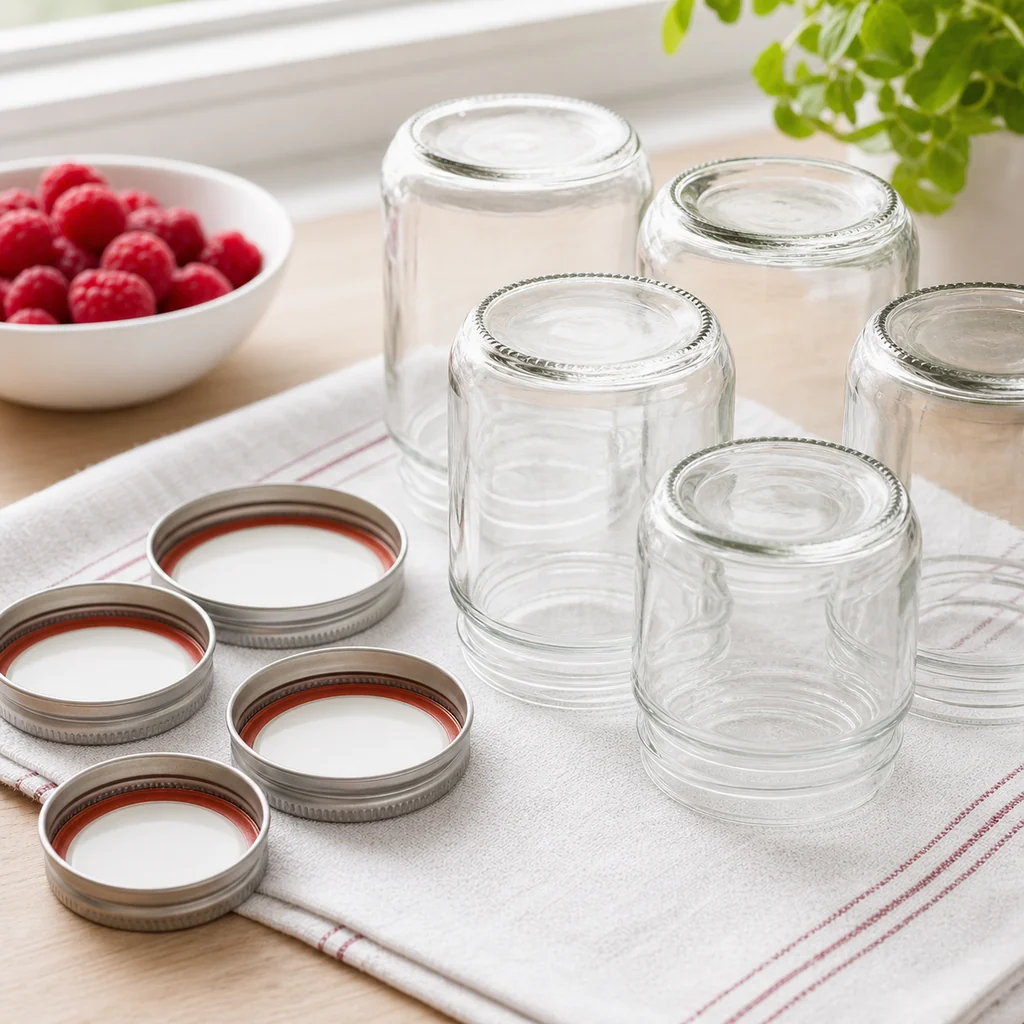 Clean glass jars and lids drying on a towel before making raspberry freezer jam