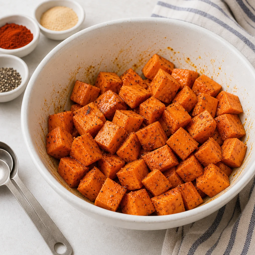 Sweet potato cubes tossed with oil and spices in a bowl