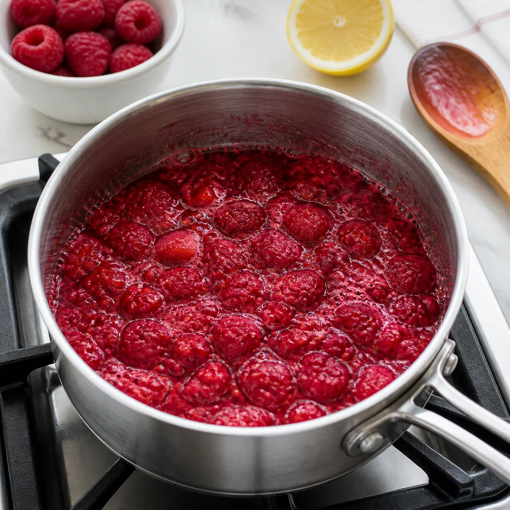 Raspberries simmering in a saucepan for raspberry freezer jam