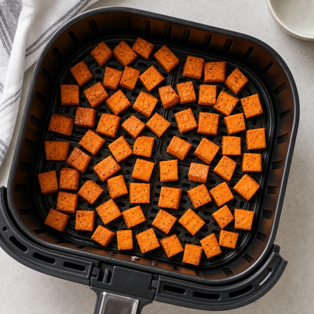 Seasoned sweet potato cubes arranged in a single layer in an air fryer basket