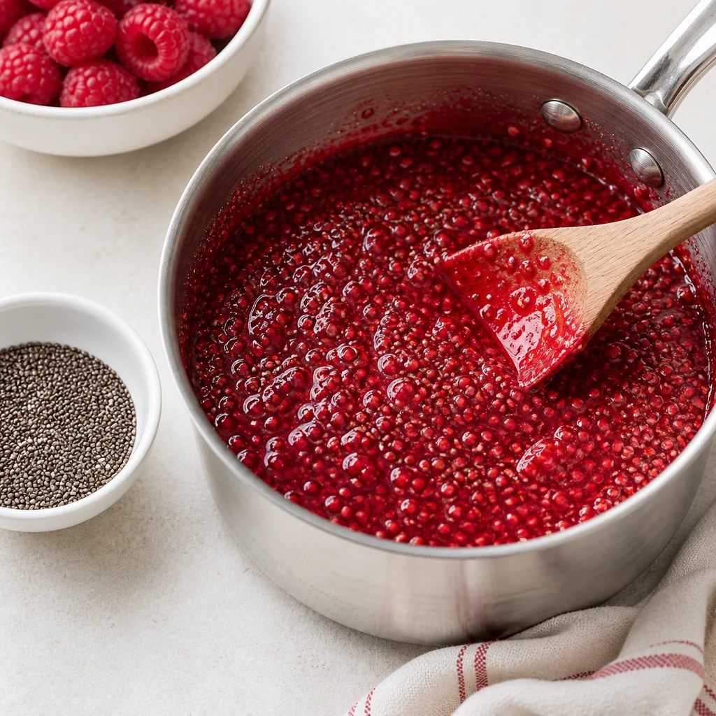 Raspberry jam mixture thickening with chia seeds in a saucepan
