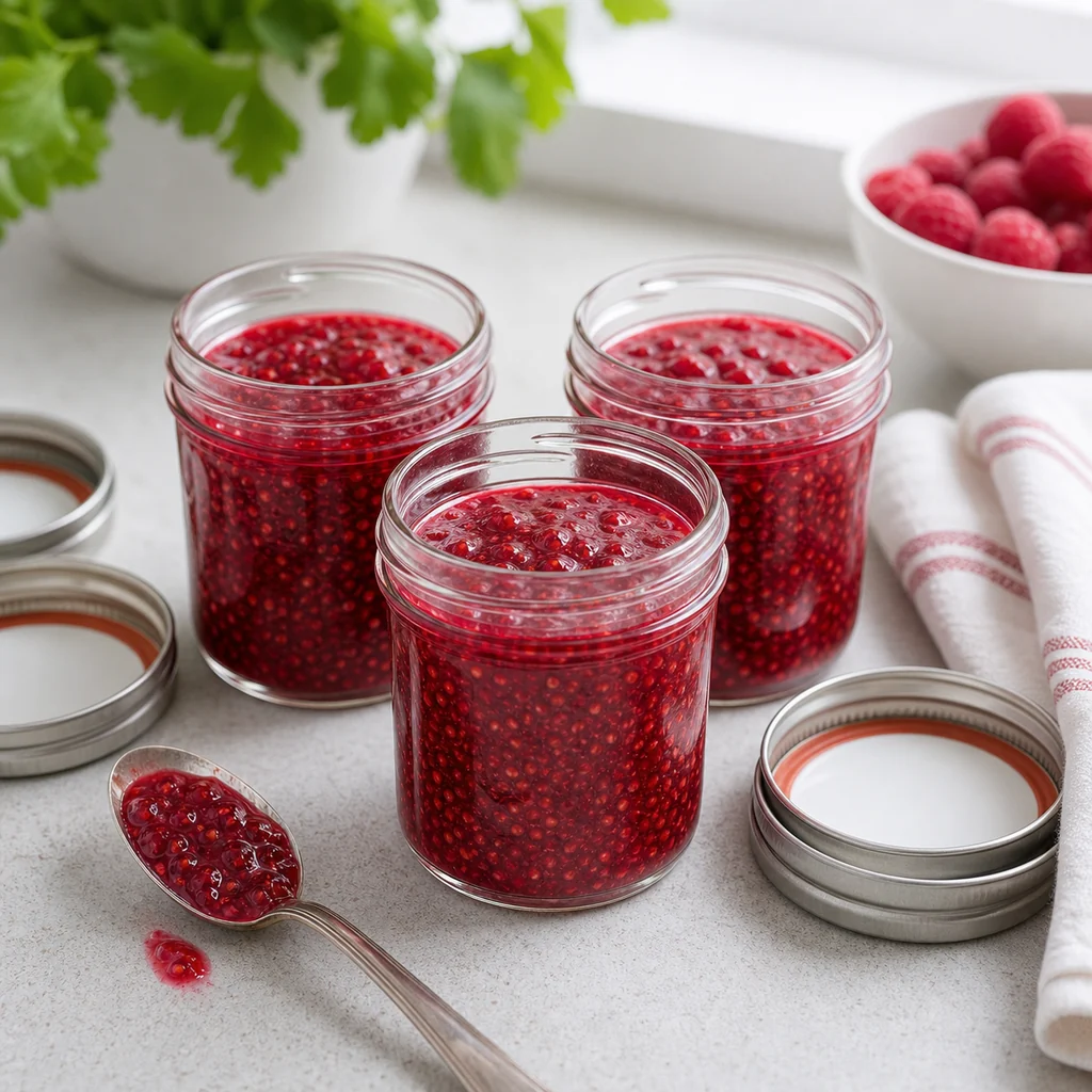 Small jars filled with raspberry freezer jam cooling before storage
