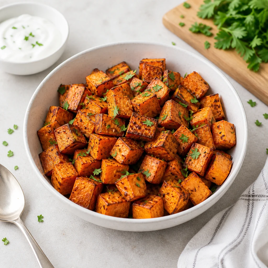 Finished air fryer sweet potato cubes with crisp browned edges