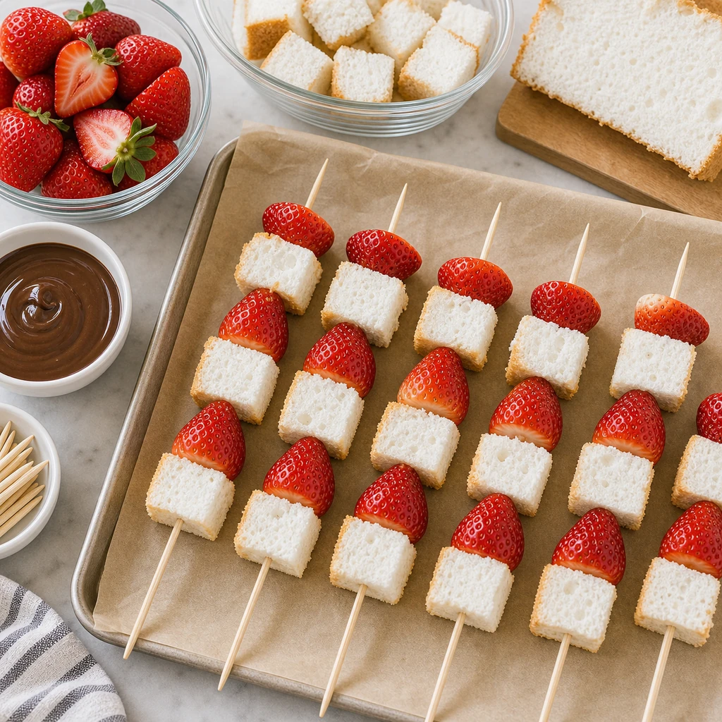 Partly assembled strawberry angel food cake kabobs with cake cubes, strawberry halves, wooden skewers, and melted chocolate nearby