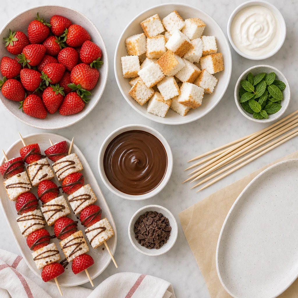 Ingredients for strawberry angel food cake kabobs including strawberries, angel food cake cubes, skewers, melted chocolate, whipped cream dip, and mint