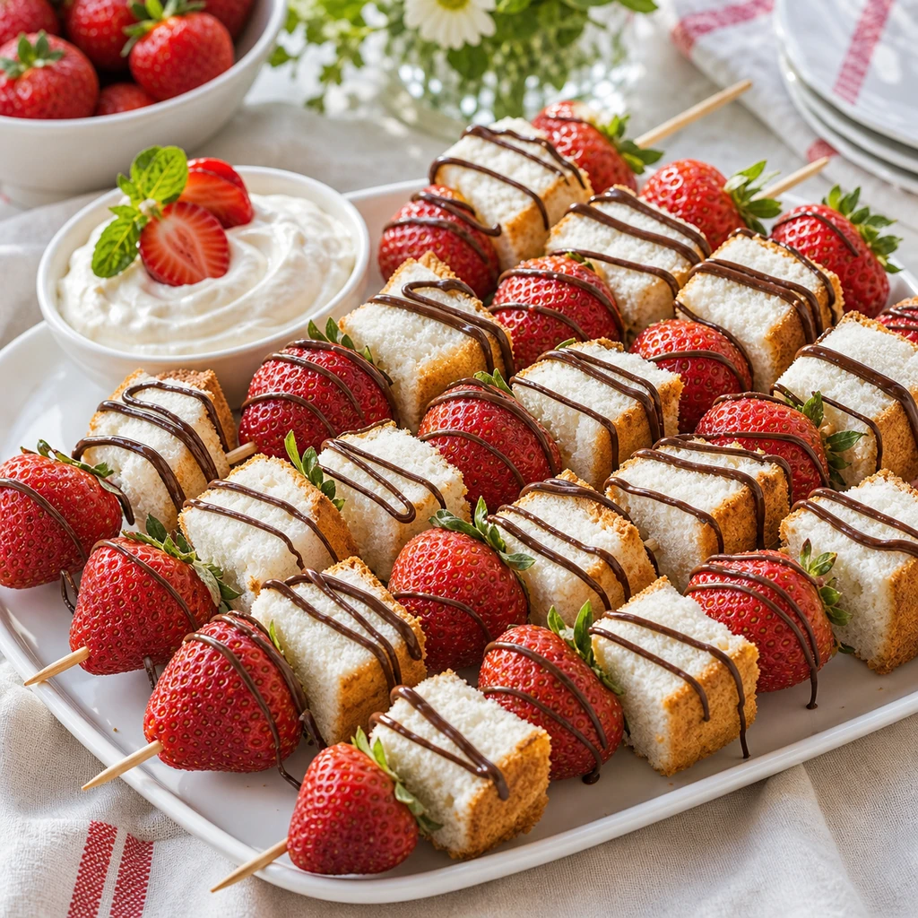 Finished strawberry angel food cake kabobs with chocolate drizzle served on a platter with whipped cream dip