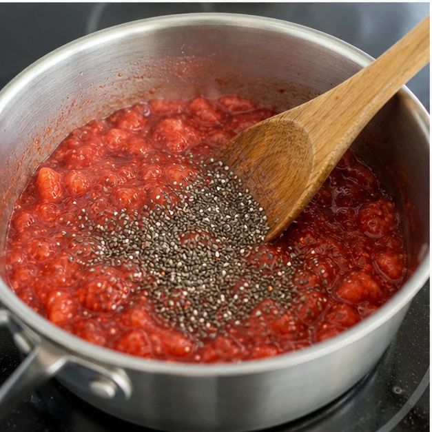 Strawberry chia jam simmering in a saucepan with chia seeds and a wooden spoon
