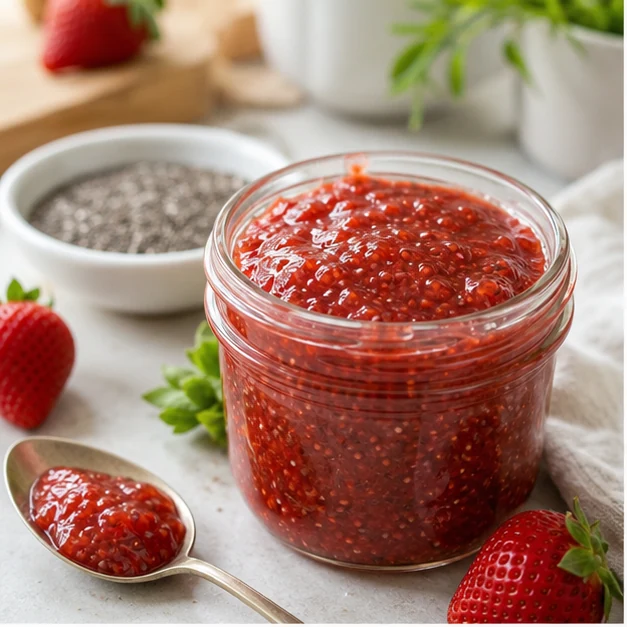 Small jar of strawberry chia jam with fresh strawberries, spoon, and chia seeds
