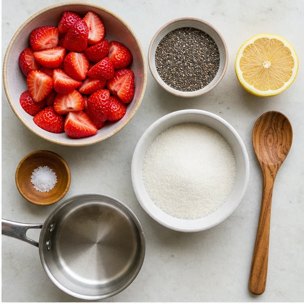 Strawberries, chia seeds, lemon, monk fruit sweetener, salt, saucepan, and wooden spoon