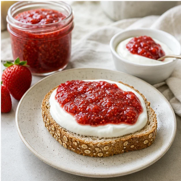 Strawberry chia jam served on Greek yogurt and toast beside fresh strawberries