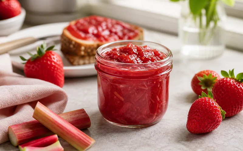 Jar of sugar free strawberry rhubarb jam with fresh fruit