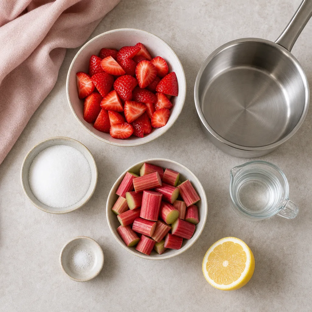 Strawberries, rhubarb, allulose, lemon, water and salt for jam